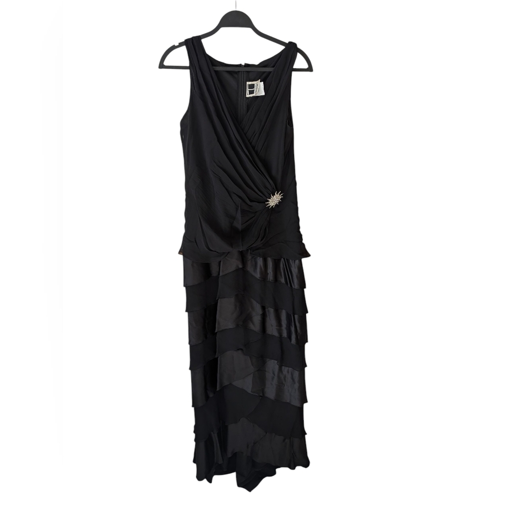 Tadashi‎ Shoji Vintage 100% Silk Tiered Rhinestone Brooch Formal Gown Size 14